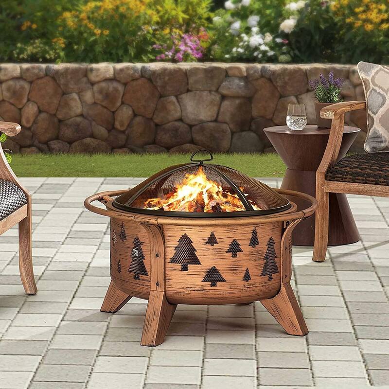 Sunjoy 30 in. Outdoor Wood-Burning Fire Pit, Patio Woven Round Steel Firepit Outside with Spark Screen and Poker - N/A - Brown - Wood