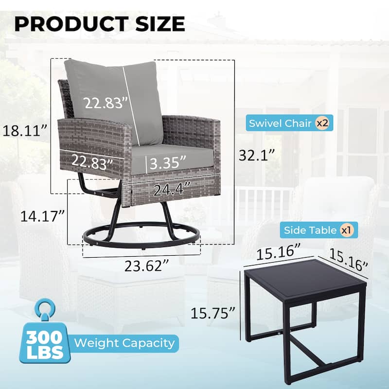 3-Piece Outdoor Swivel Chair Patio Set, 360°PE Rattan Chairs with Cushions, Glass Coffee Table