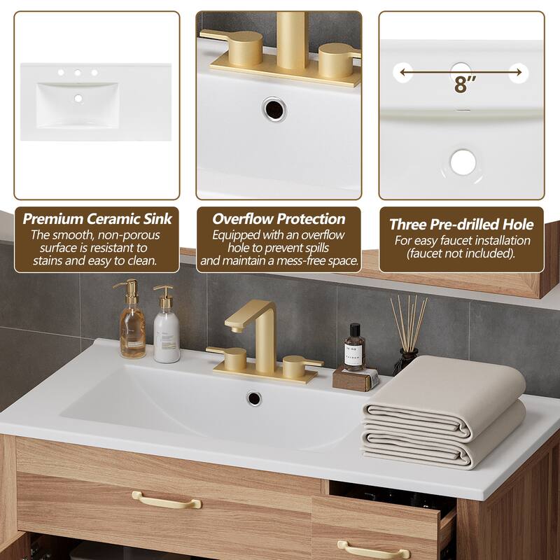 Wood Bathroom Vanity with Ceramic Sink and Top, Storage Cabinet with Drawers, Adjustable Shelf and Soft Close Mechanisms