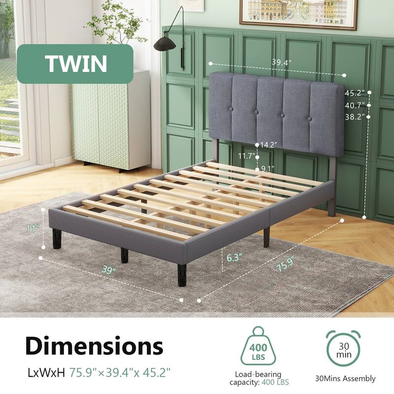 Twin Bed Frame Upholstered Platform with Headboard and Strong Wooden Slats,No Box Spring Needed, Easy Assembly