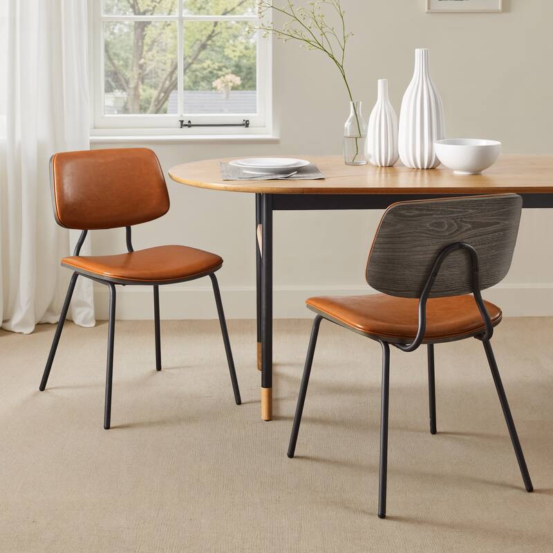 Art Leon Set of 2 Mid-century PU Leather Bentwood Dining Chairs - Brown