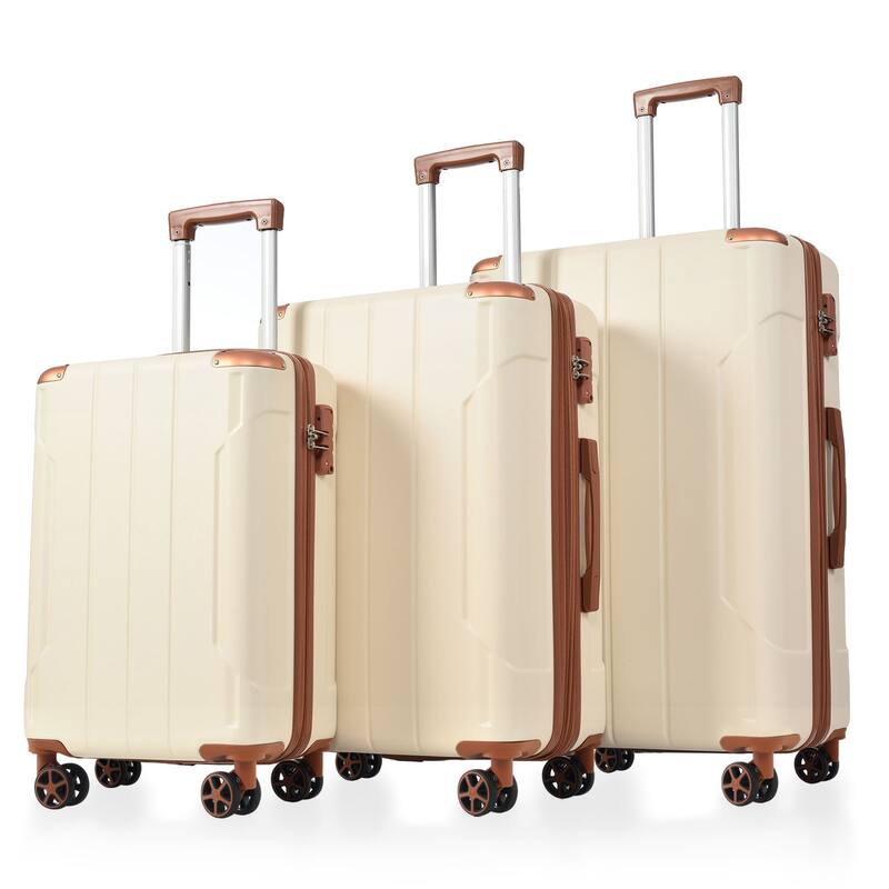3 Piece ABS Expandable Hardshell Lightweight Suitcases with TSA Lock - Brown white