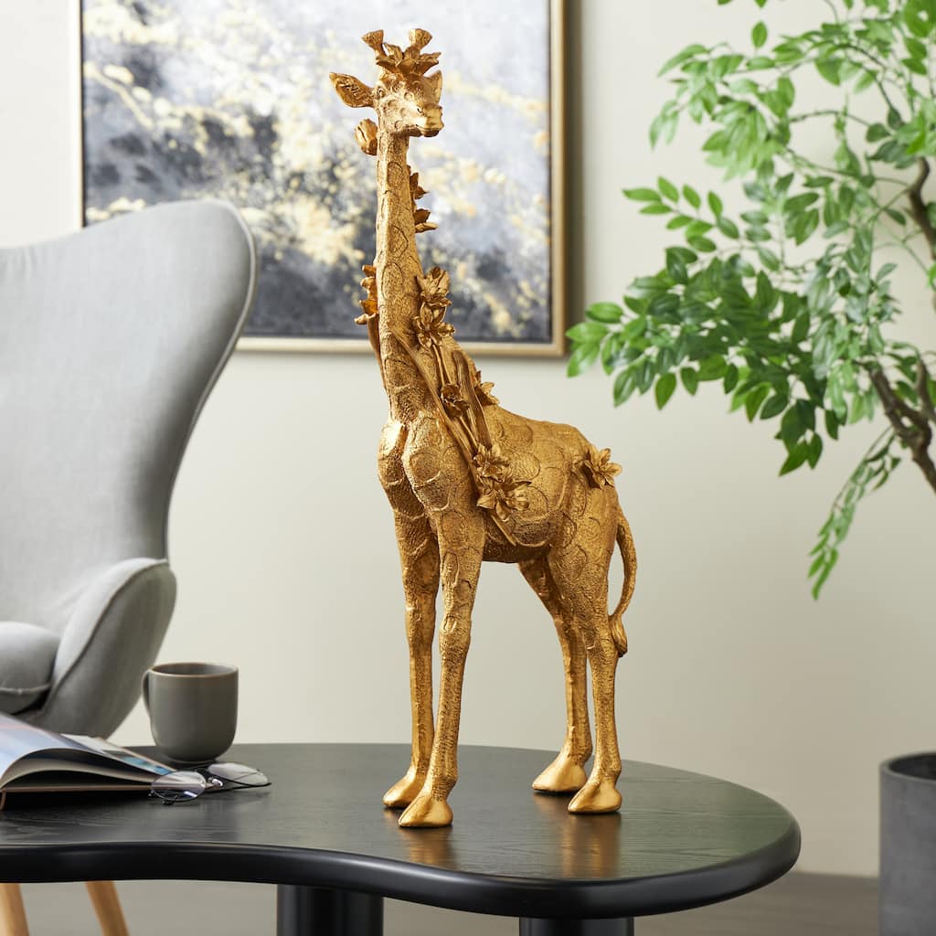Gold Resin Standing Giraffe Decorative Sculpture with Textured Spots and Floral Accents