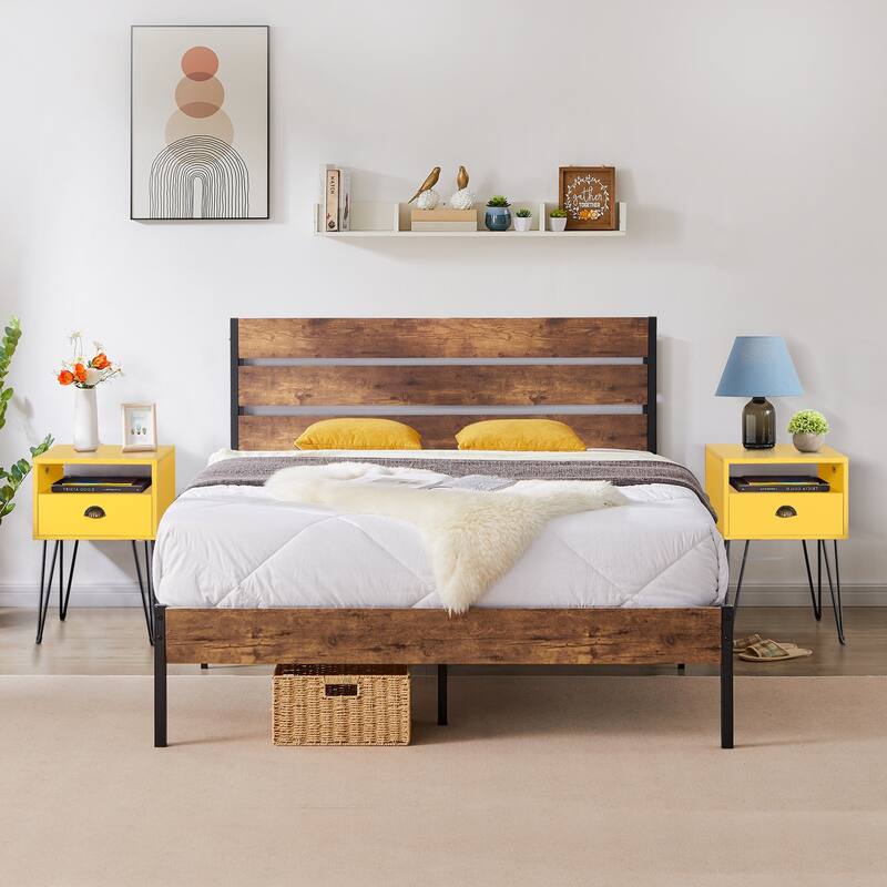 3-Pieces Bedroom Set with Rustic Brown Platform Bed Frame and Nightstands Set of 2