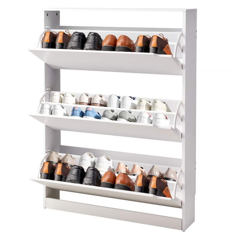 Modern White Shoe Cabinet with 3 Flip Drawers and Adjustable Shelves for Narrow Hallway Storage - 31.5 x 8.66 x 45.87 in