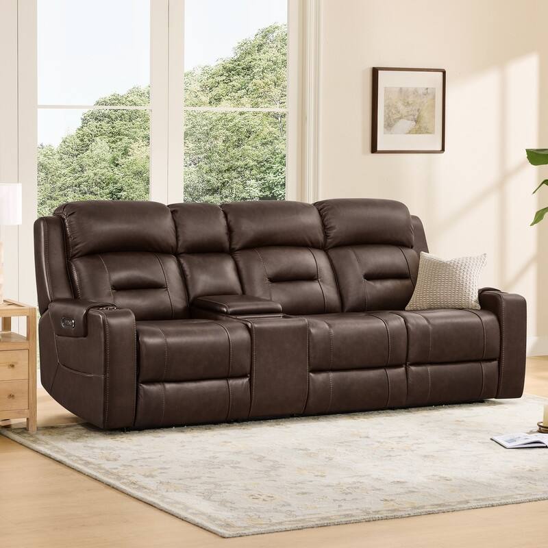 Spruce & Spring Genuine Leather Power Reclining Sofa with Wireless Charging