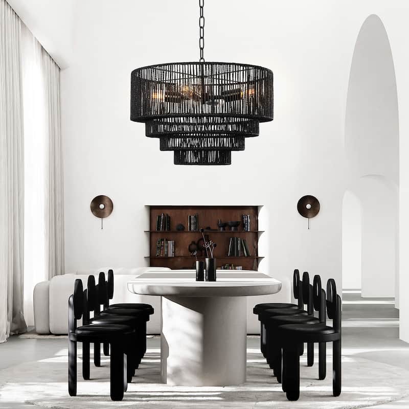 4-Light Dimmable Hand-Woven Rattan Tiered Chandelier