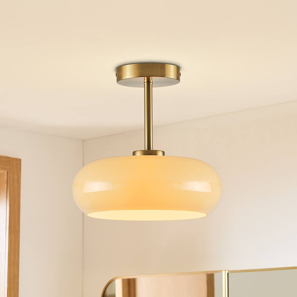 Starsky Mid Century Modern 1-Light Colored Glass Globe Semi Flush Mount Ceiling Light Gold for Bedroom Hallway Entryway
