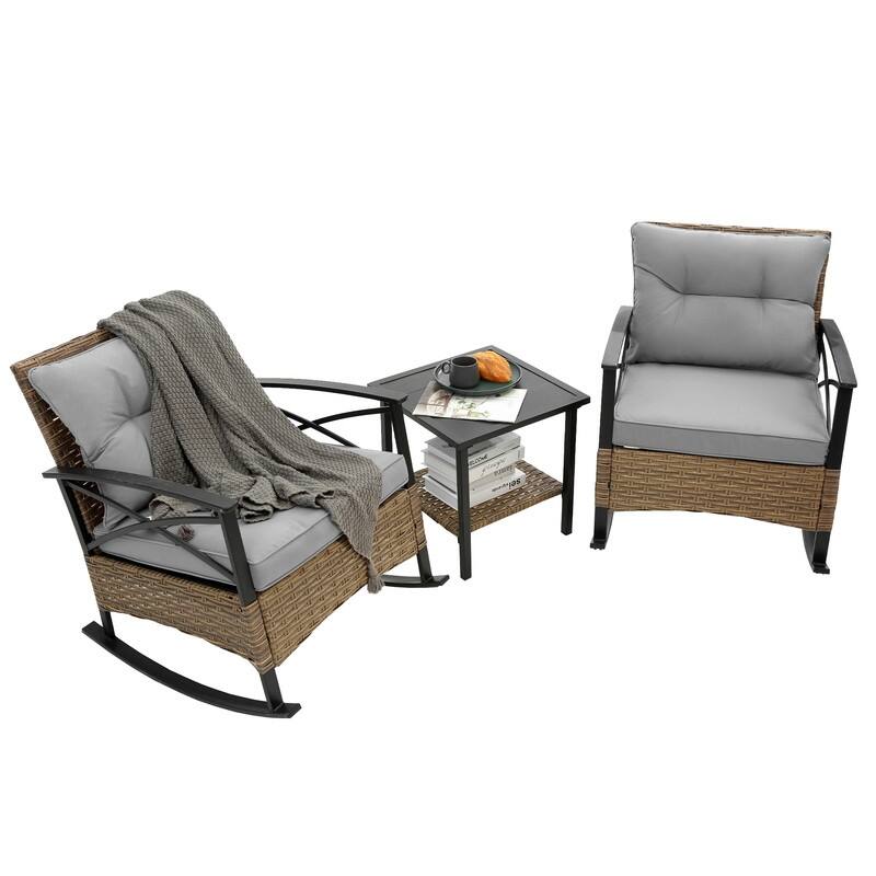3 Piece Outdoor Rattan Rocking Chair with Coffee Table