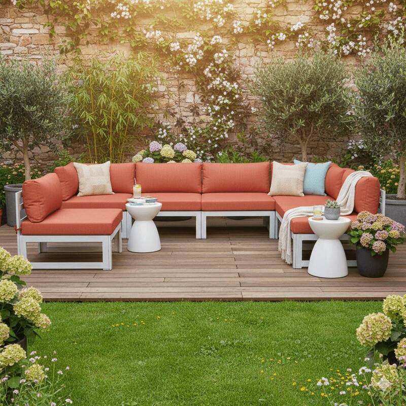 Chelsea 6-Piece Modern Aluminum Outdoor Sectional Set - Rust-Proof & UV Resistant Modular Patio Sofa with All-Weather Cushions - Orange
