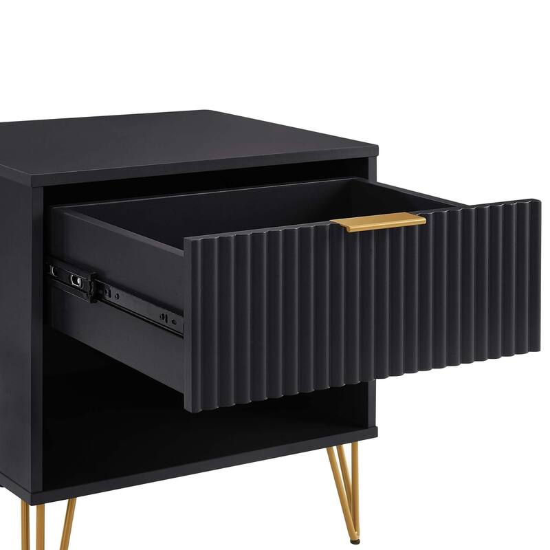 Modern Black Fluted Nightstand with Gold Metal Handles and Legs