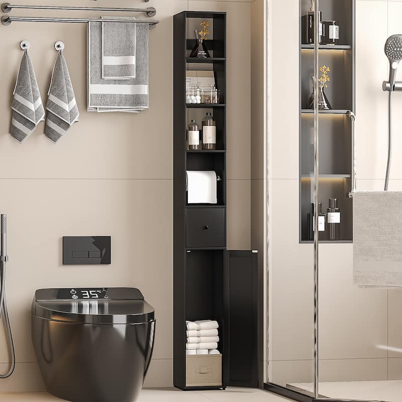 VECELO Tall Bathroom Storage Cabinet, Freestanding Linen Tower with 4-Tier Shelf, 1 Drawer and 1 Cupboards