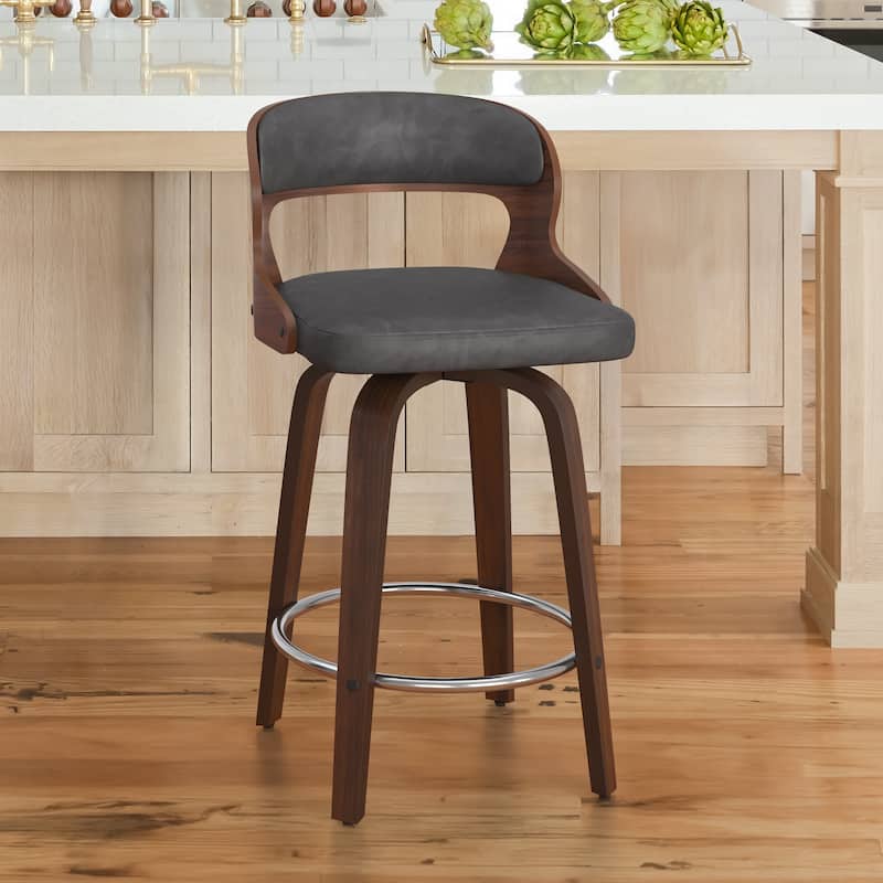 PU Leather 26in. Swivel Barstool Counter Height Low Back Solid Wood Stool for Kitchen Islands with Curved Backrest - Single - Grey