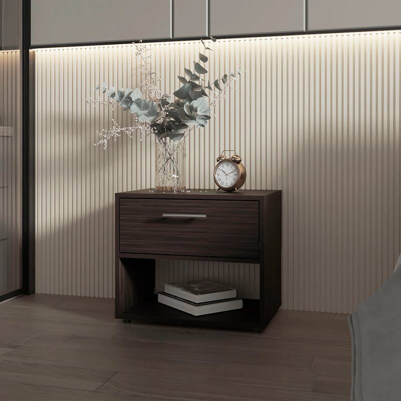 Stained Walnut Nightstand with Drawer and Spacious Shelf - Walnut