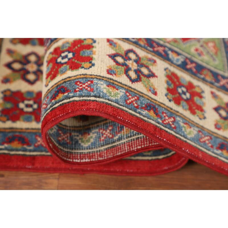 Kazak Foyer Rug Hand-Knotted Red Geometric Wool Carpet - 2'6" x 4'1"
