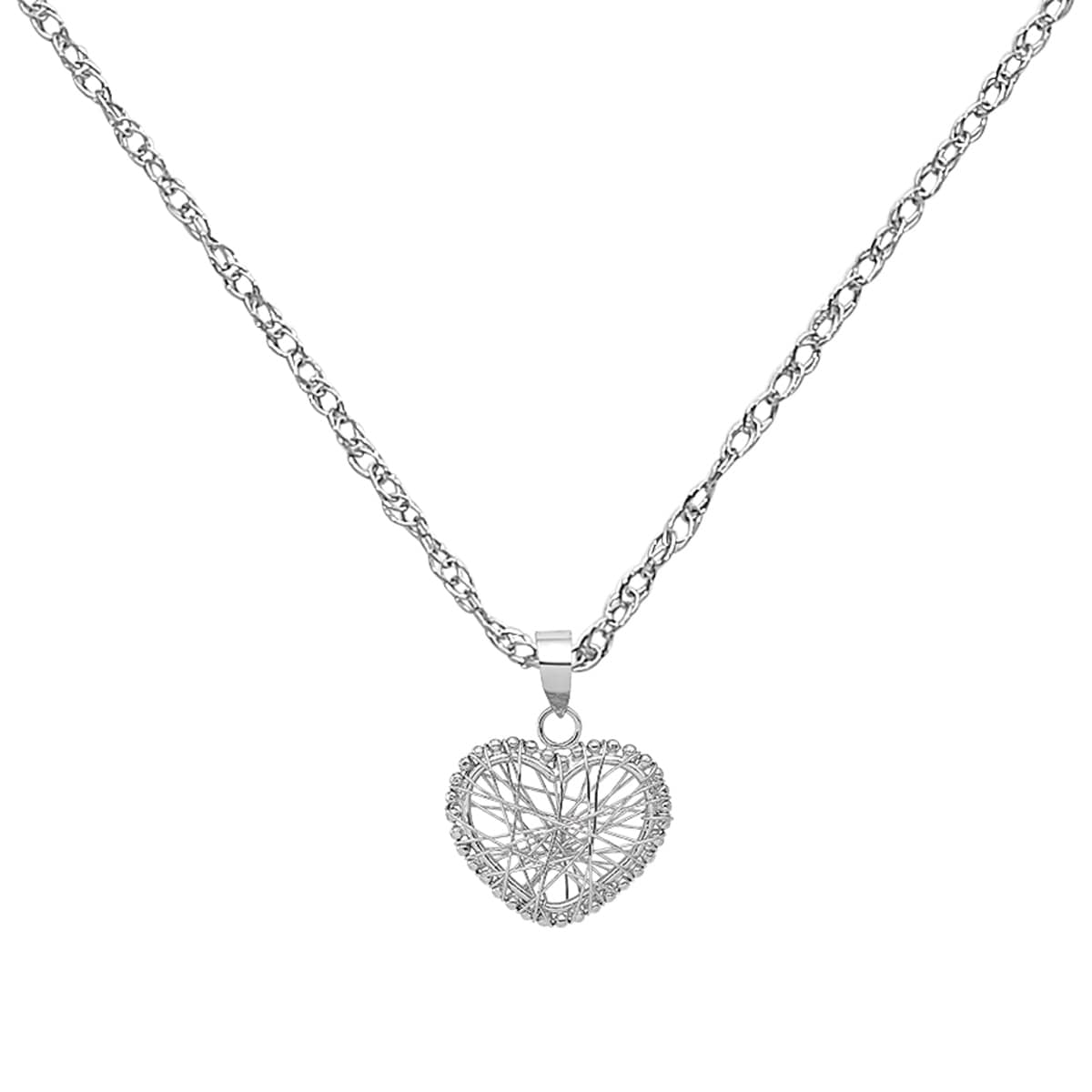 14K White Gold Open Wire Heart Pendant with 18-inch Cable Rope Chain by Versil