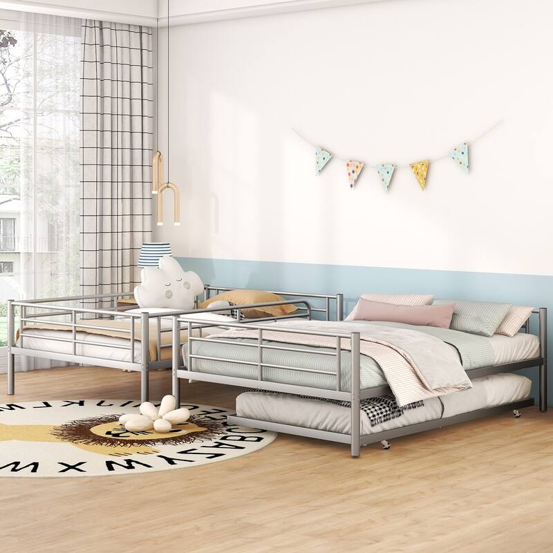 Full Over Full Metal Bunk Bed with Trundle, Silver Finish, Sturdy Iron Frame