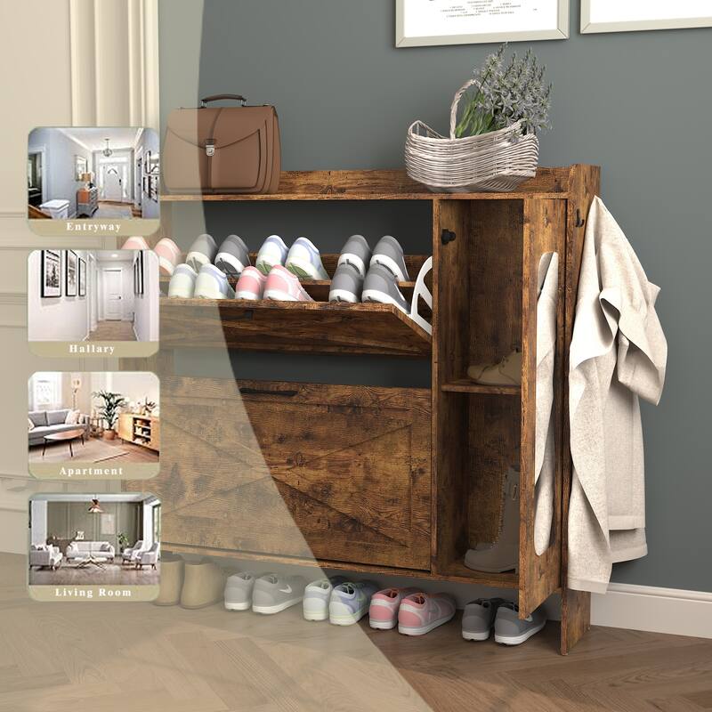 Distressed Shoe Storage Cabinet with 2 Flip Drawers, Freestanding Organizer Narrow Shoe Rack Cabinet
