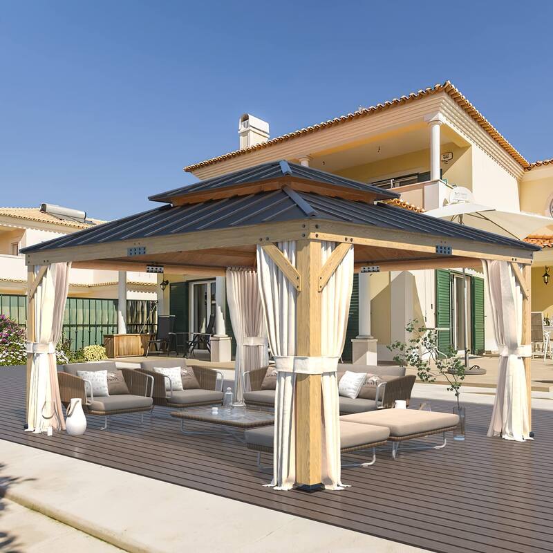 EROMMY 11' x 13' Asphalt Hardtop Gazebo, Spruce Wood Double Roof Gazebo with Waterproof Coated Wood Frame for Patios