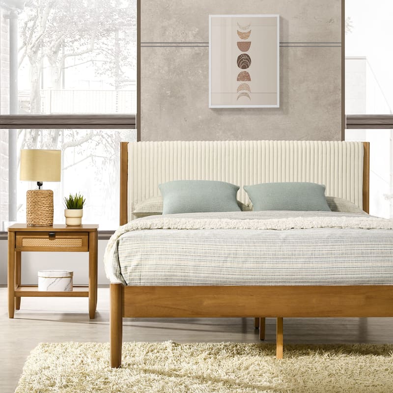 Queen Size Rubberwood Upholstered Platform Bed Set with Nightstand and Storage Drawer