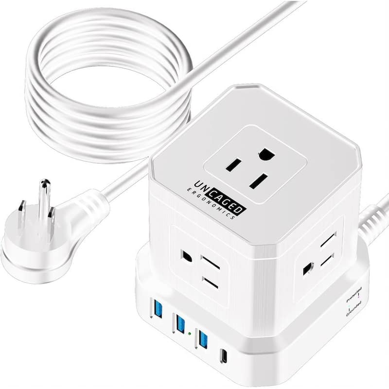 Cube surge protector power strip with usb ports 10ft extension cord - 5 AC + 3 USB + 1 USB-C (20w, Fast Charging) - White