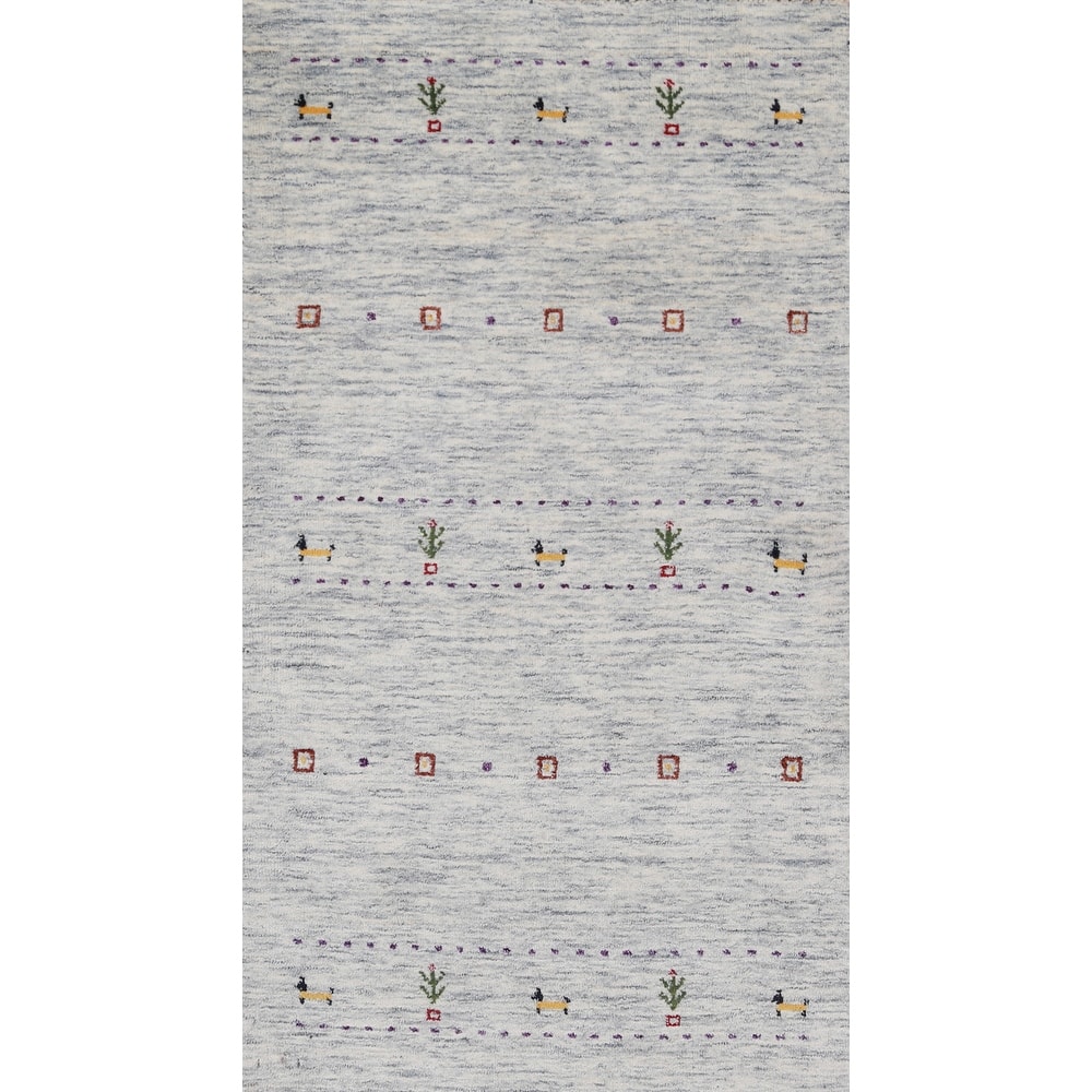Hand Knotted Oriental 100% Wool Carpet Tribal Animal Pictorial Beige & Ivories Gabbeh Area Rug - 5' 9'' X 2' 9''