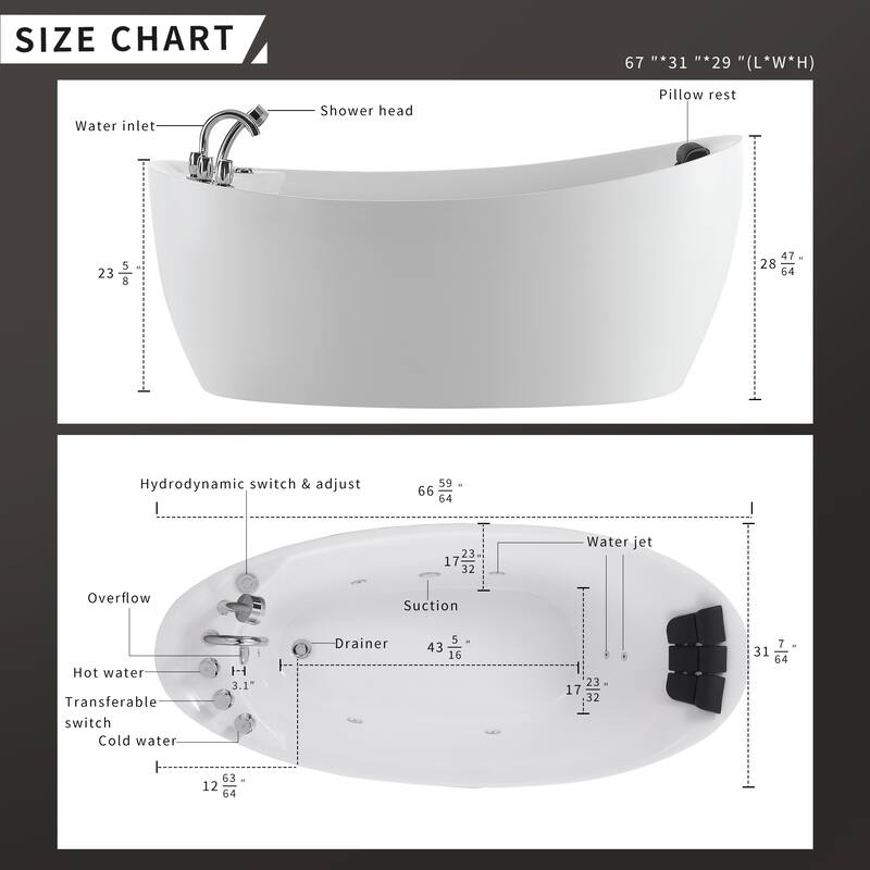 67 in. x 31 in. Center Drain Freestanding Whirlpool Bathtub Hydrotherapy Jetted Soaking Bath Tub - Tub filler in White