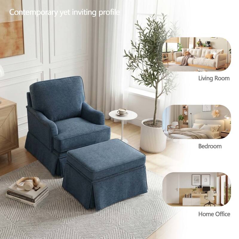 Modern Chenille Swivel Armchair and Storage Ottoman