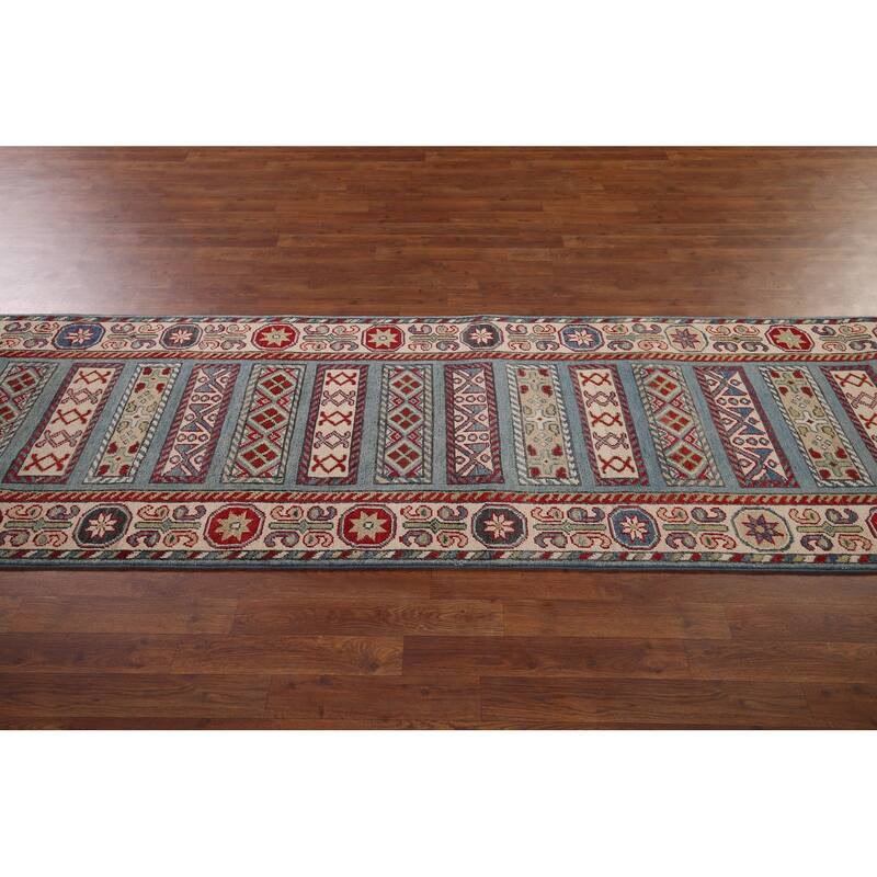 Light Blue Kazak Oriental Runner Rug Handmade Wool Carpet - 3'0" x 16'5"