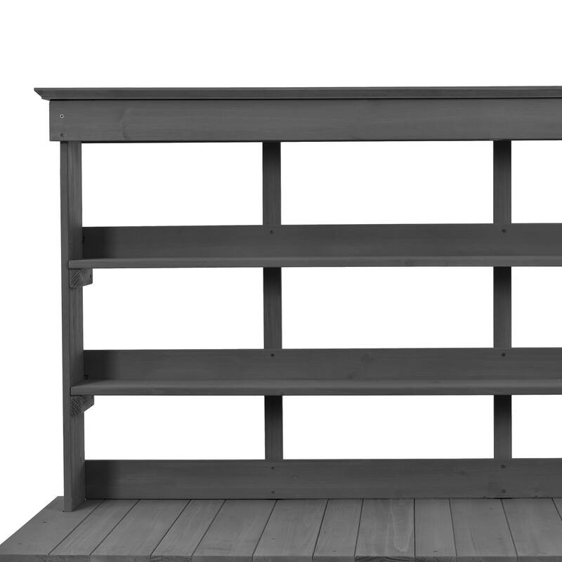 Roomfitters 66" Large Farmhouse Outdoor Potting Bench Table with 2 Drawers, Cabinet and Open Shelves, Gray