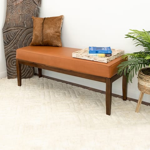 Kara Mid-Century Modern Genuine Leather Upholstered Bench in Tan