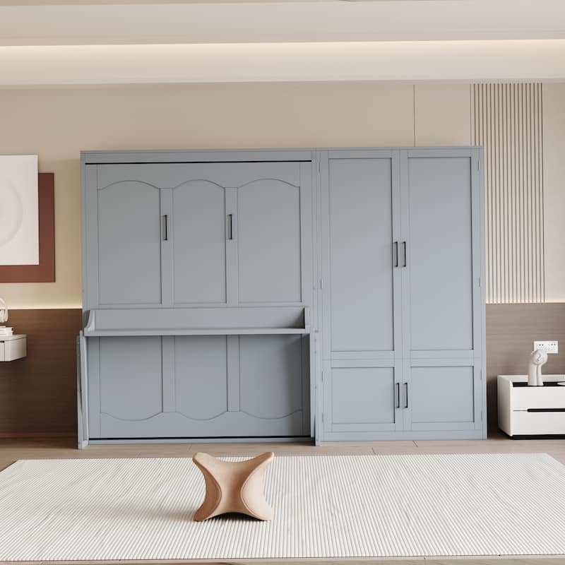 Queen Size Wall Bed with Closet and Hydraulic Lift System, Space-Saving Design, Gray