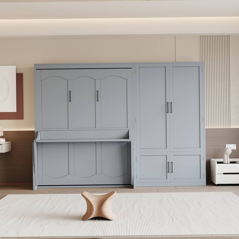 Queen Space-Saving Wall-Mounted Murphy Bed with Built-In Wardrobe and Hydraulic Lift, Side-Folding Design in Modern