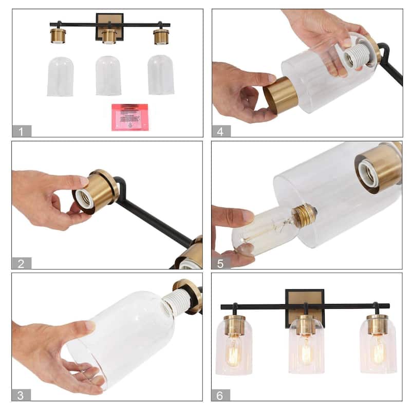 Modern 3-Light Black Gold Linear Bathroom Vanity Light Cylinder Glass Wall Sconces