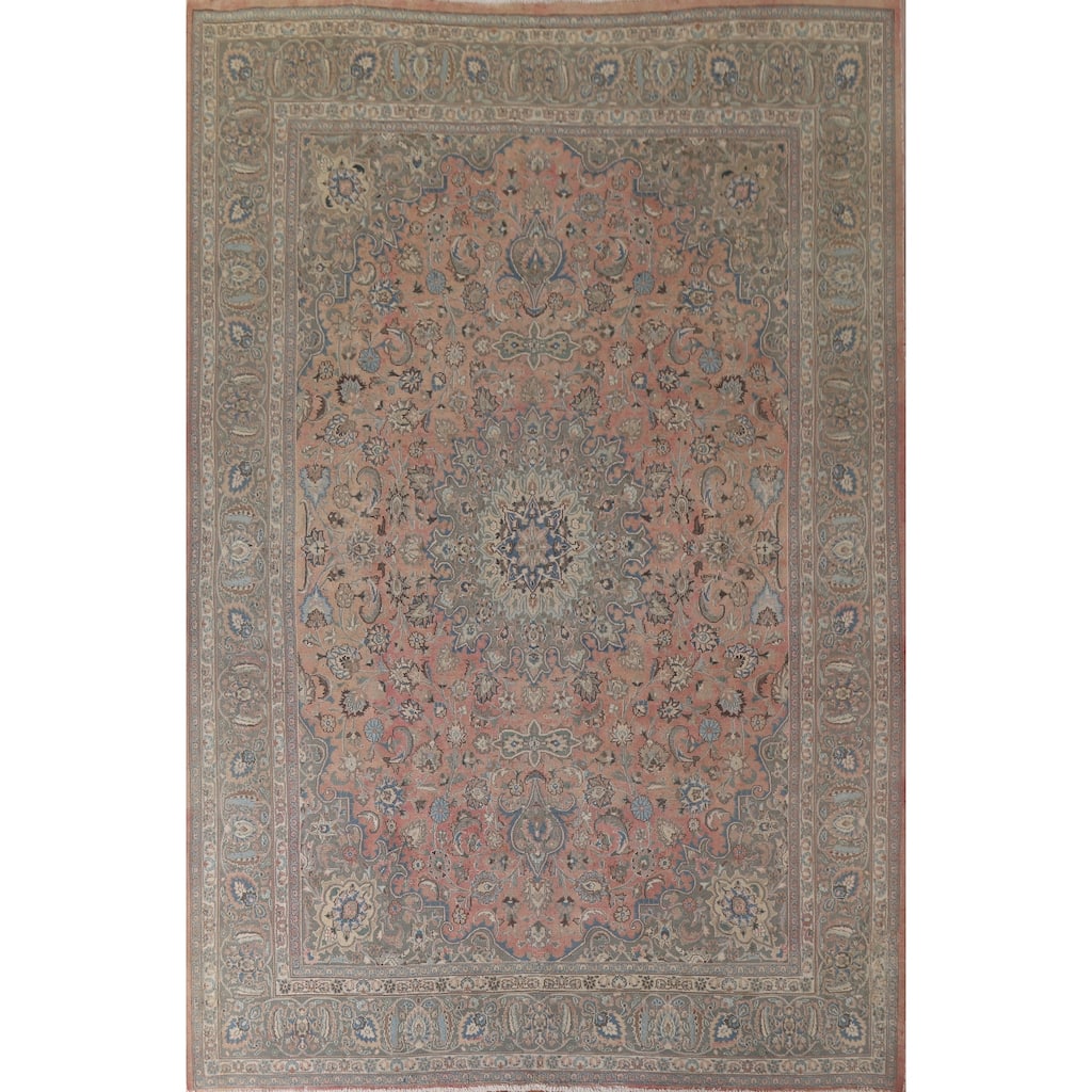 Hand Knotted Oriental 100% Wool Carpet Traditional Floral Pink Mashad Area Rug - 12' 8'' X 9' 9''