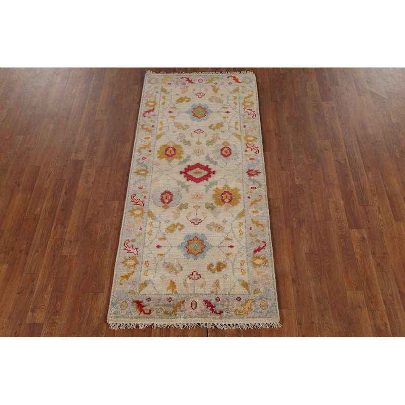 All-Over Floral Oushak Indian Foyer Rug Hand-Knotted Wool Carpet - 2'7"x 5'10"