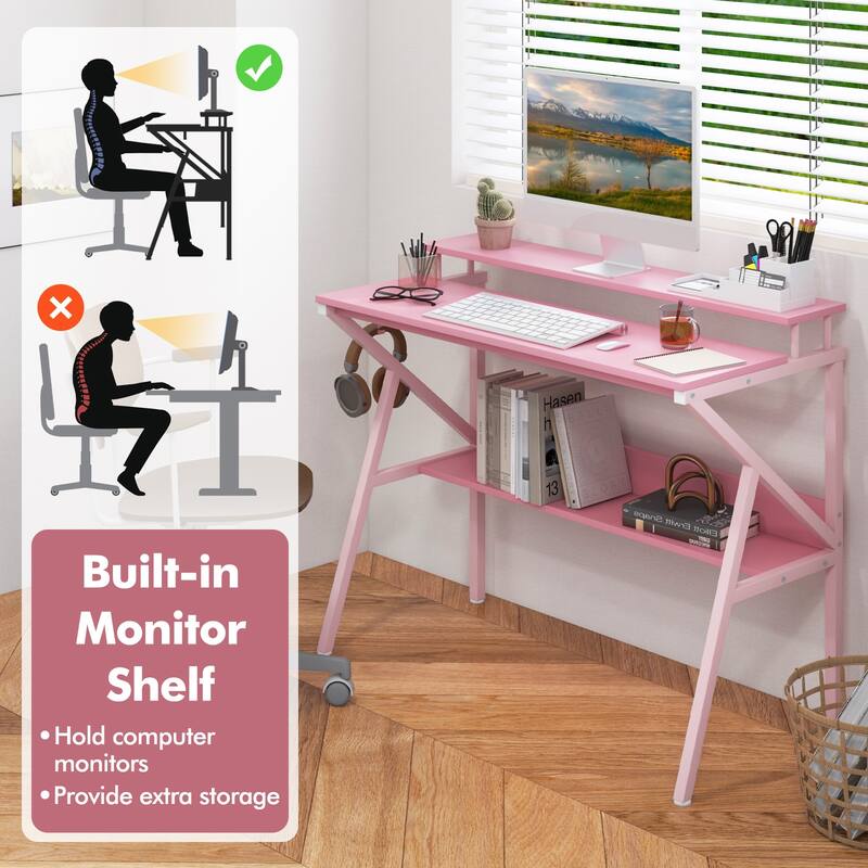 39 Inch Computer Desk with Monitor Shelf and Storage Small Home Office Gaming Table