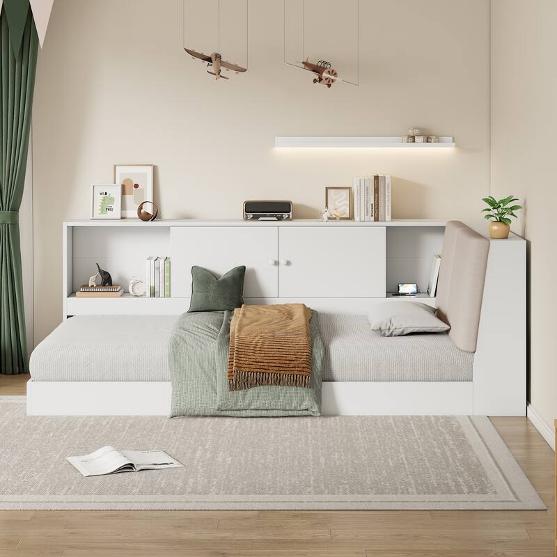 L-shaped Daybed Wooden Corner Sofa Bed Frame with Sliding Doors Bookcase Captains Bed, Upholstered Headboard Built-in Storage