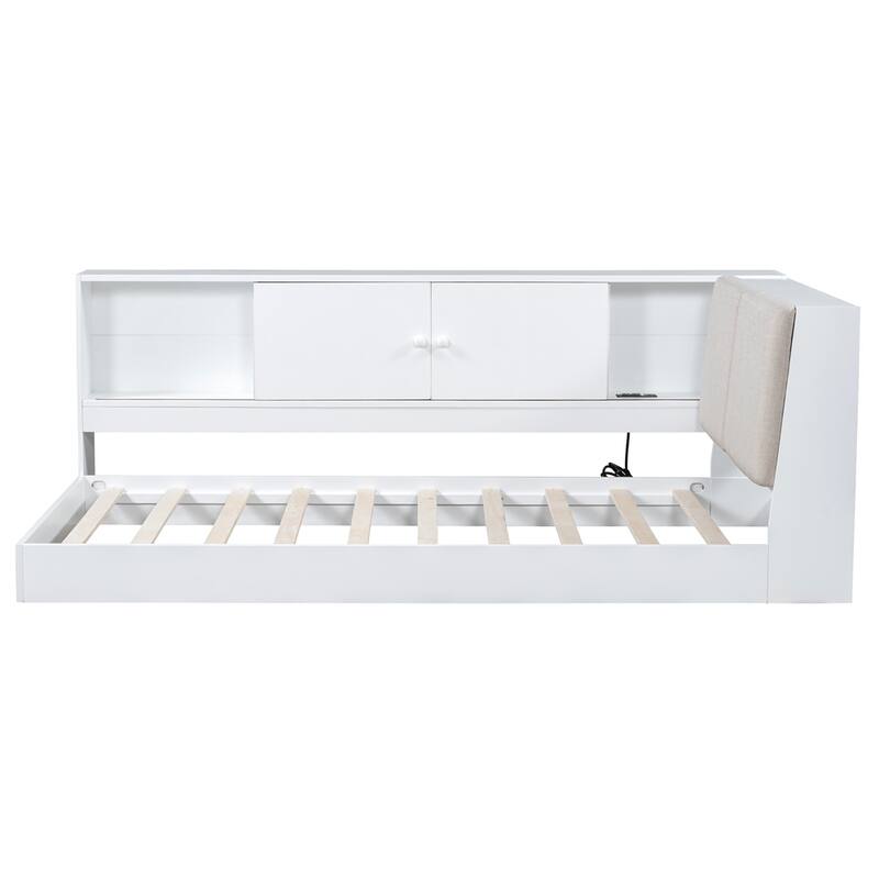 Wooden Twin Size L-shaped Daybed with Storage Bookcase