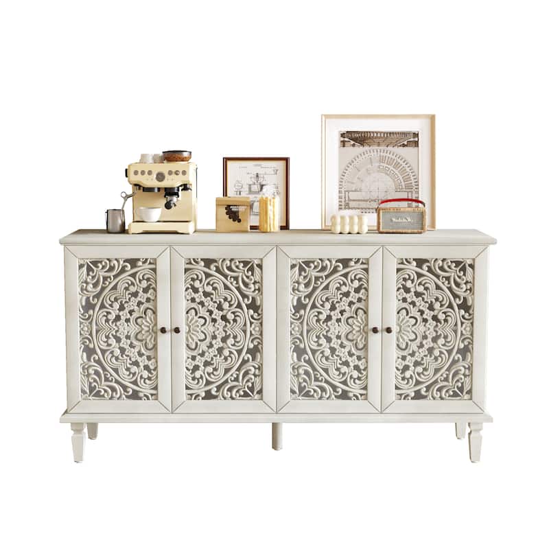60" Antique Buffet Cabinet with Floral Carvings with Solid Wood Legs&Antique Brass Handles&Adjustable Shelves, TV Stand