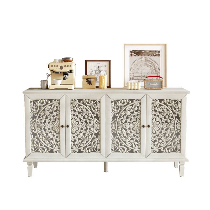 TV Stand Sideboard, Buffet Cabinet with Floral Carvings, Wood Storage Cabinet with Adjustable Shelves