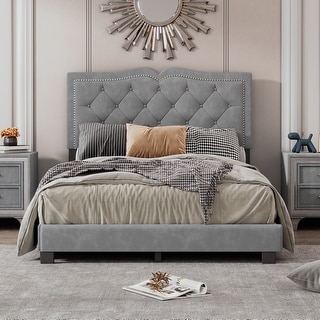 Full Size Upholstered Bed Frame with Rivet Design, Modern Velvet Platform Bed with Tufted Headboard,Grey
