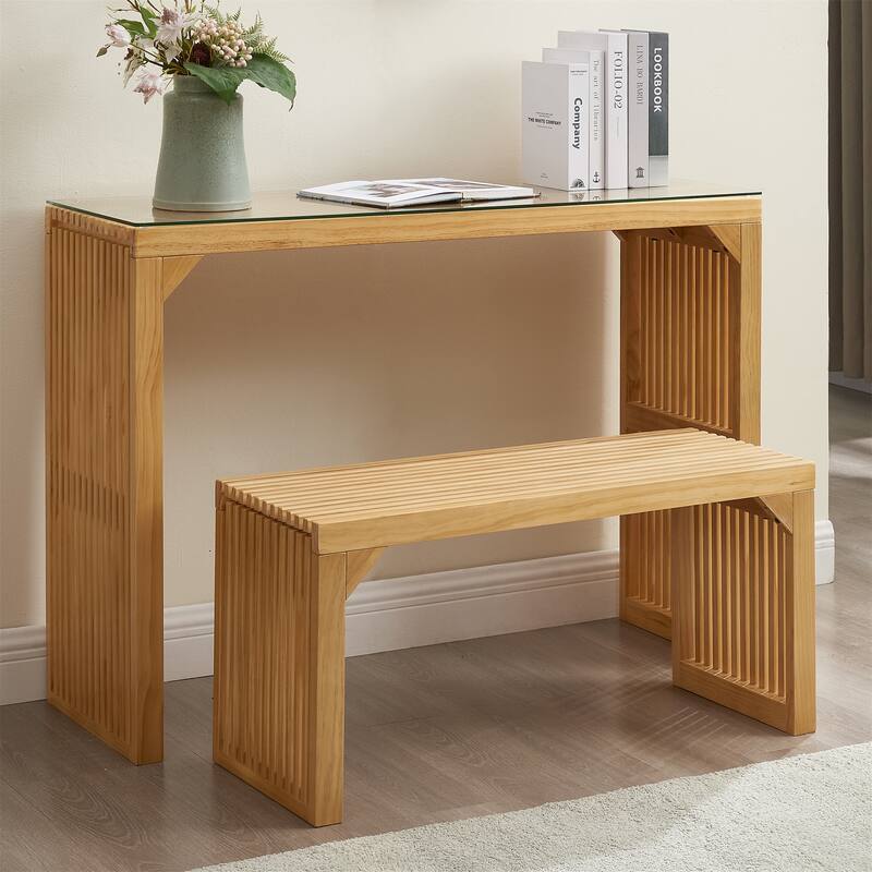 Versatile Wood Dining Bench and Table Set with Tempered Glass Top