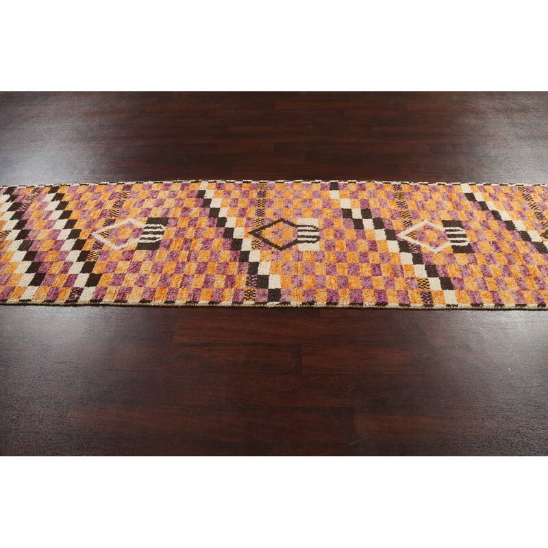 Checkered Modern Moroccan Oriental Runner Rug Hand-knotted Wool Carpet - 2'11" x 12'11"