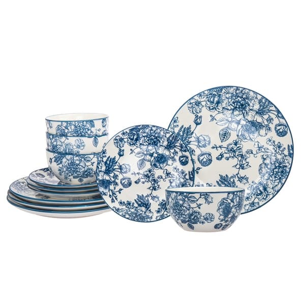 Banbury Blue Porcelain 12 Piece Dinnerware Set, Service For 4