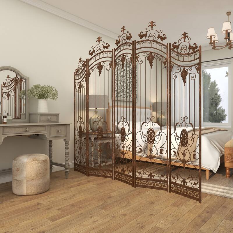 Bronze Metal Hinged Foldable Arched Partition 5 Panel Partition Room Divider Screen with Relief Acanthus Design