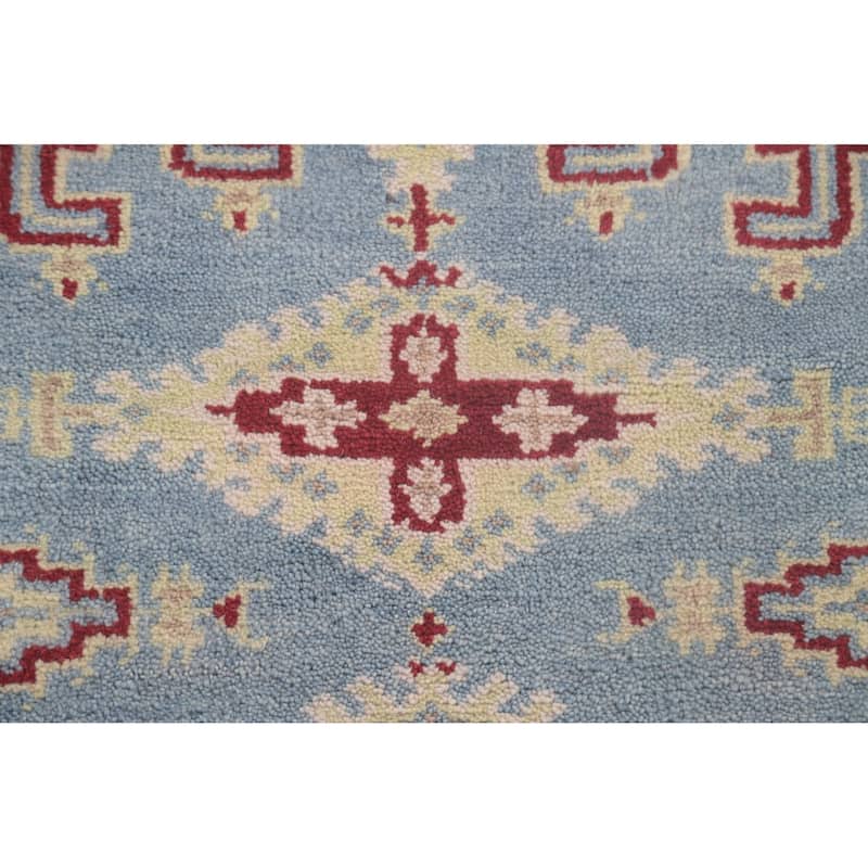 Geometric Kazak Accent Rug Handmade Blue Wool Carpet - 3'0"x 4'11"