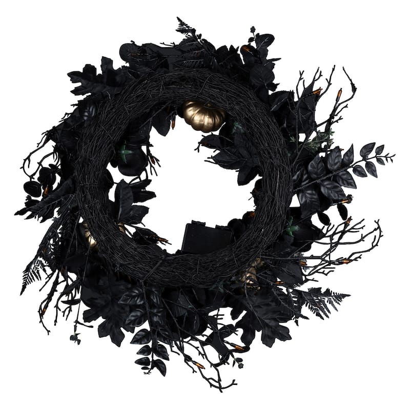 National Tree Company 24" Artificial Chic Eek Black and Gold Halloween Wreath, 40 Orange LED Lights, Battery Operated