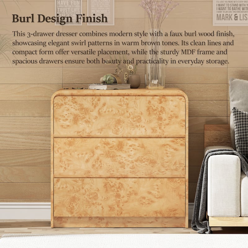 COZAYH Farmhouse Wood Nightstand, Rounded Edge Modern & Mid-Century Dresser, Burl Wood Finish in Natural