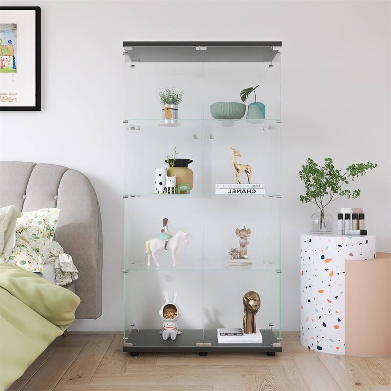 Two-door Glass Display Cabinet 4 Shelves with Door - Black